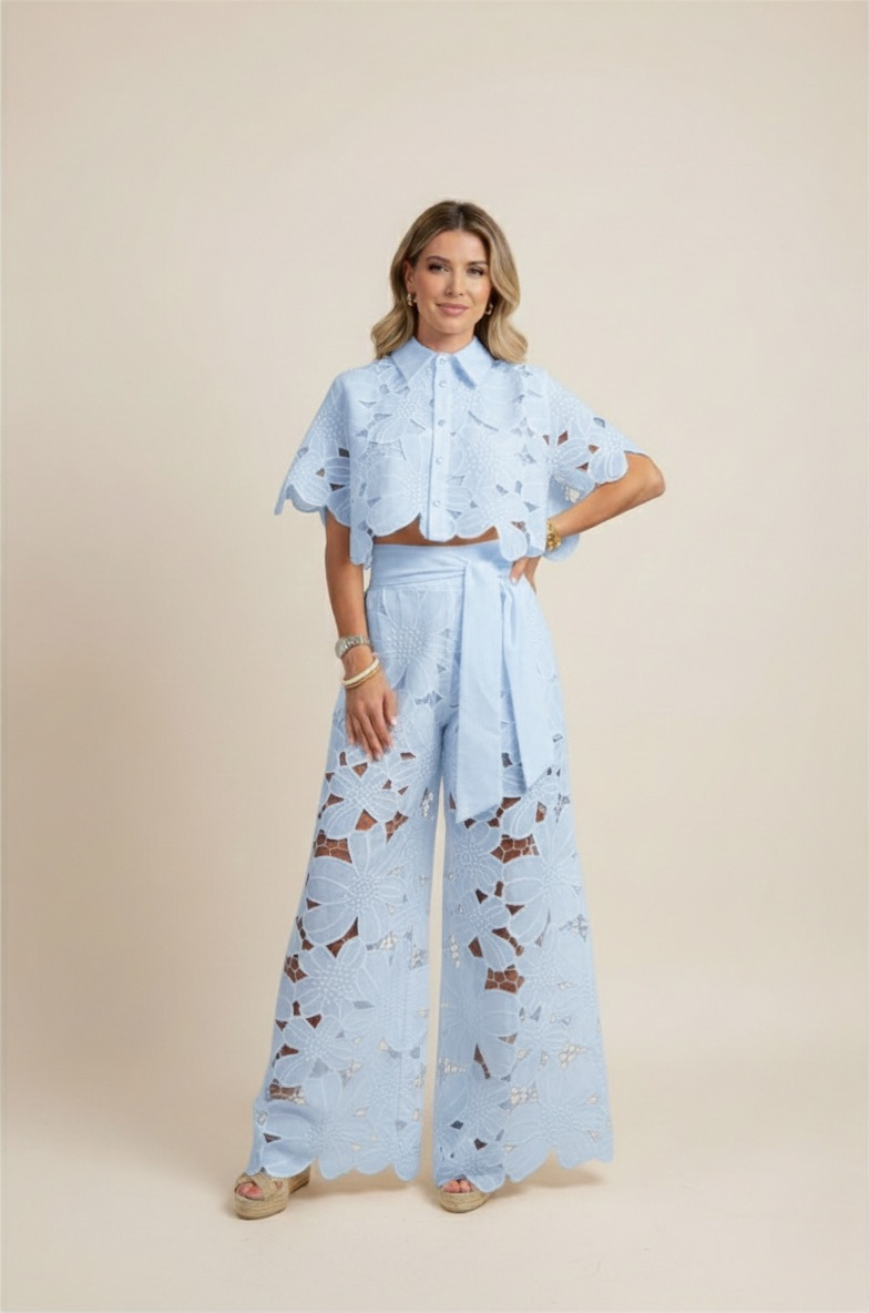 Conjunto Mujer Poliéster Camisa Encaje Calado Pantalón Ancho