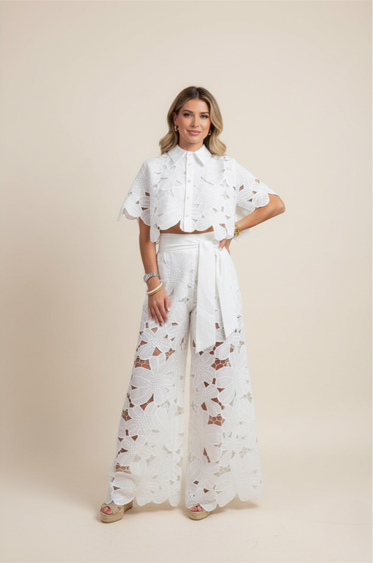 Conjunto Mujer Poliéster Camisa Encaje Calado Pantalón Ancho - Mavetta