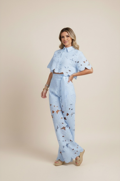 Conjunto Mujer Poliéster Camisa Encaje Calado Pantalón Ancho