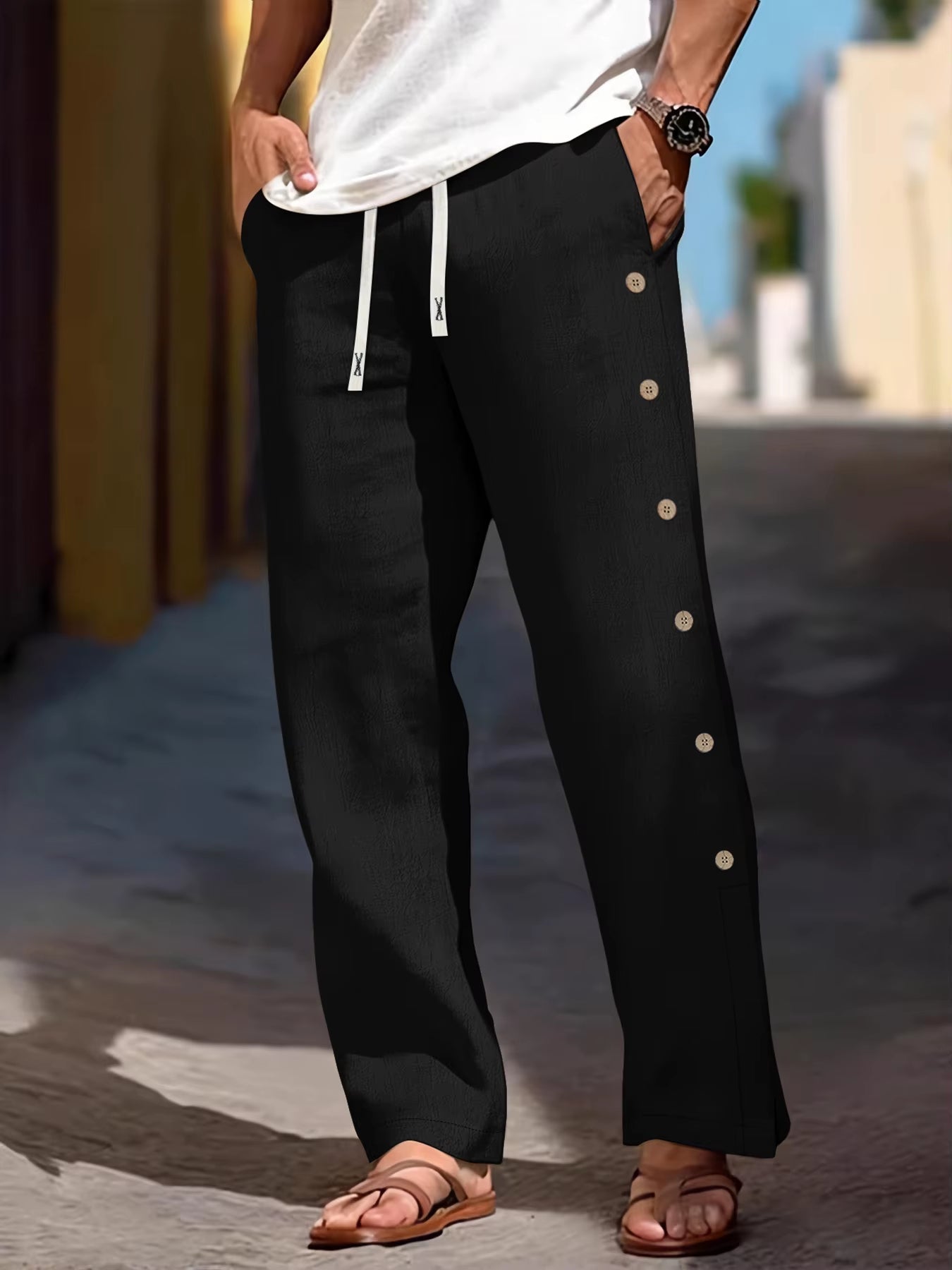 Pantalones Mujer de Lino Cintura Elástica Detalle Botones Laterales - Mavetta