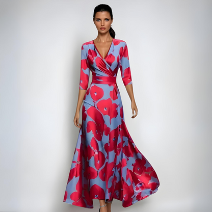 Vestido Largo Mujer Manga Larga Escote en V Estampado Floral