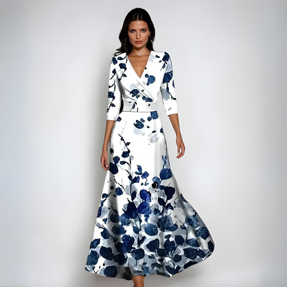 Vestido Largo Mujer Manga Larga Escote en V Estampado Floral