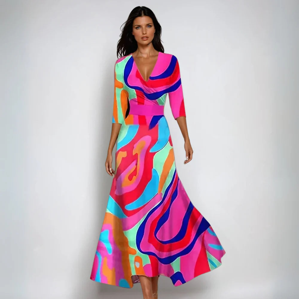 Vestido Largo Mujer Manga Larga Escote en V Estampado Floral