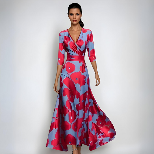 Vestido Largo Mujer Manga Larga Escote en V Estampado Floral - Mavetta