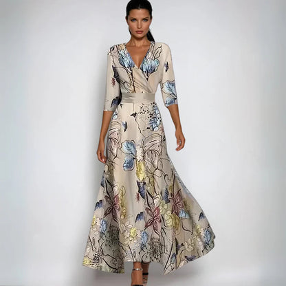 Vestido Largo Mujer Manga Larga Escote en V Estampado Floral