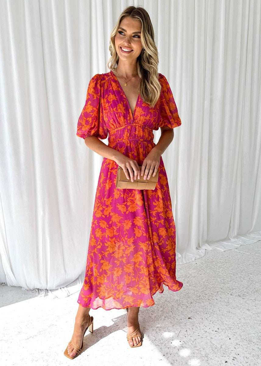 Vestido midi mujer de tejido floral mangas abullonadas - Mavetta
