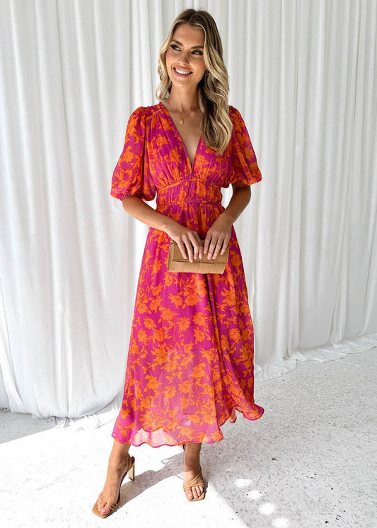Vestido midi mujer de tejido floral mangas abullonadas - Mavetta