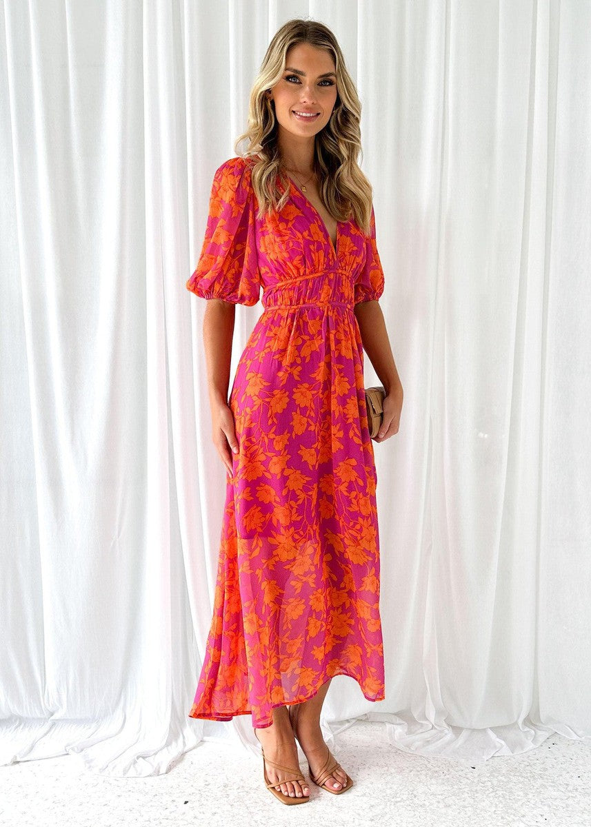 Vestido midi mujer de tejido floral mangas abullonadas