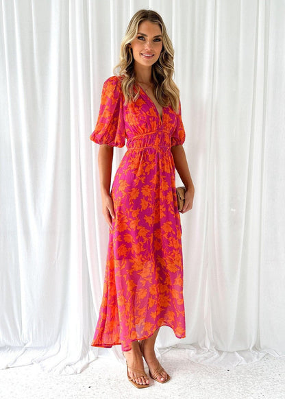 Vestido midi mujer de tejido floral mangas abullonadas