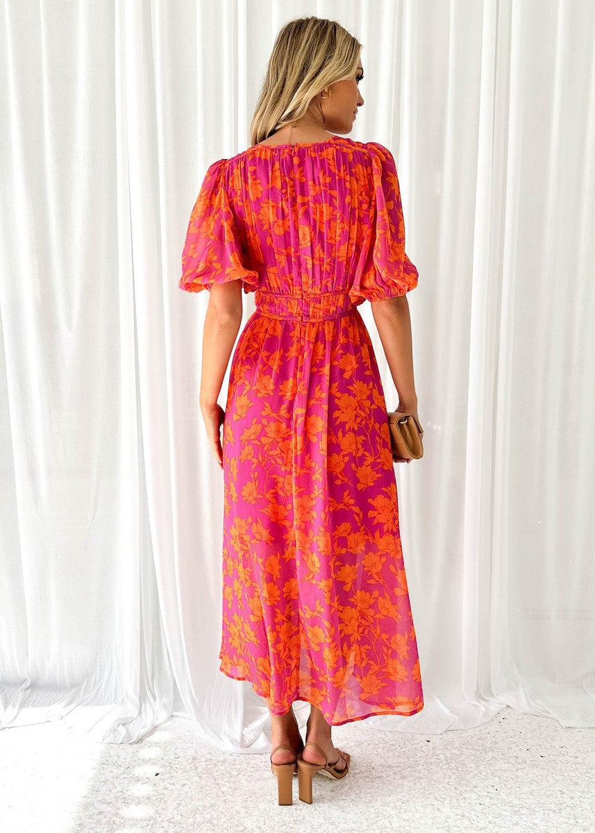 Vestido midi mujer de tejido floral mangas abullonadas