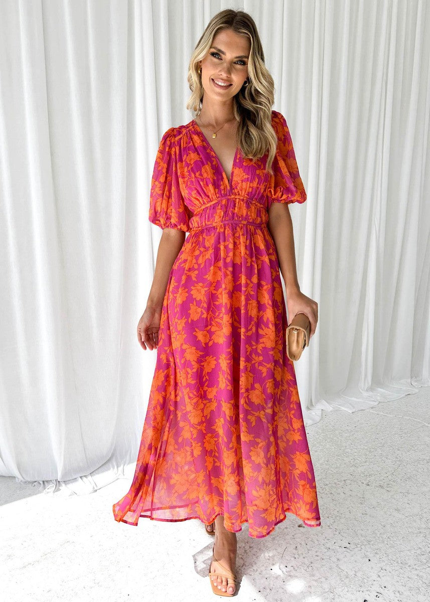 Vestido midi mujer de tejido floral mangas abullonadas
