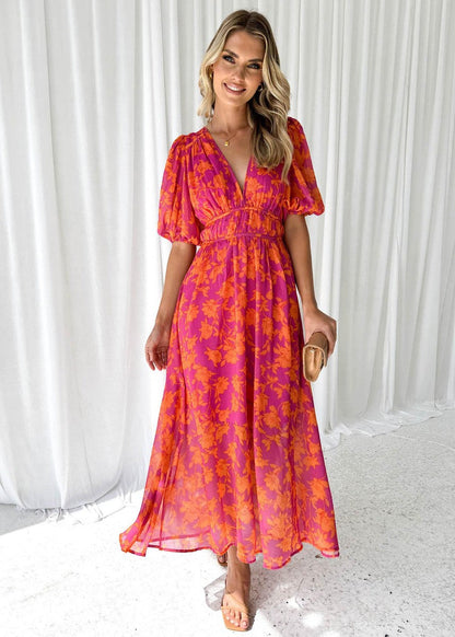 Vestido midi mujer de tejido floral mangas abullonadas
