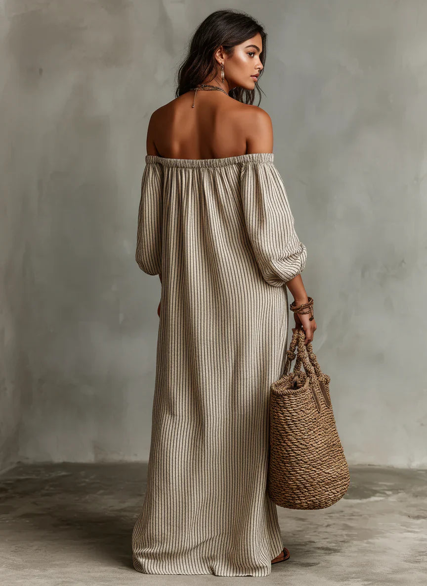 Vestido largo Mujer de Rayas con Hombros Descubiertos