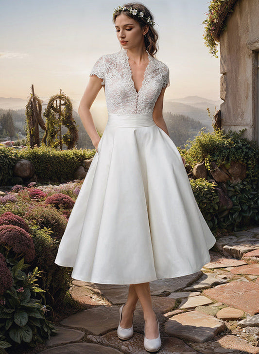 Vestido midi mujer de encaje para boda escote en V - Mavetta