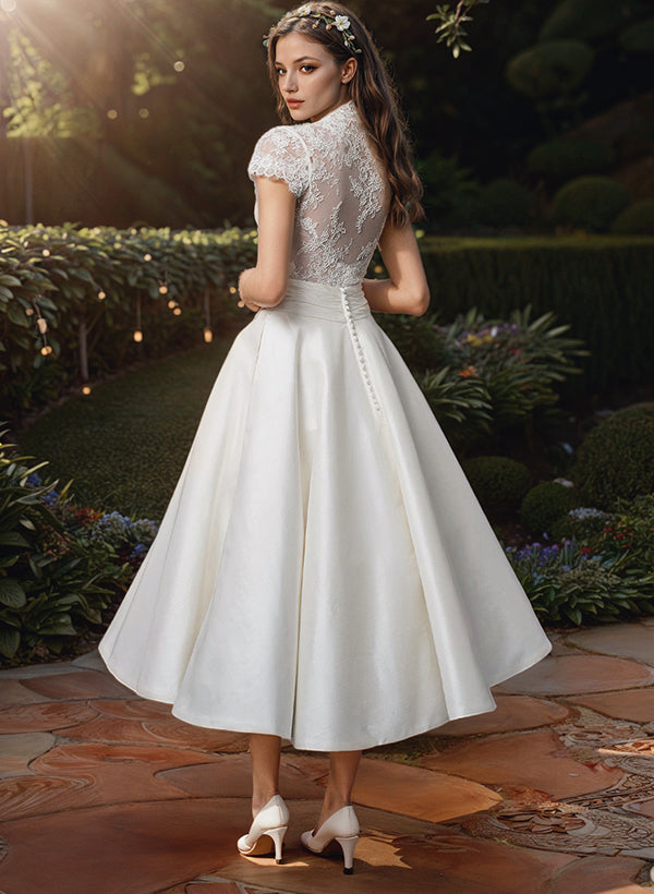 Vestido midi mujer de encaje para boda escote en V
