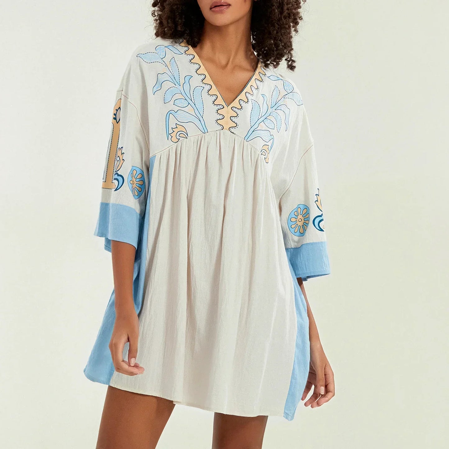 Vestido túnica mujer con bordados escote en V