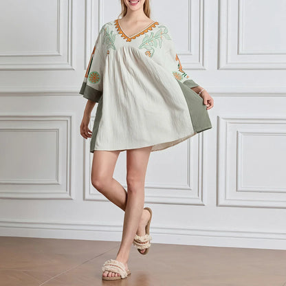 Vestido túnica mujer con bordados escote en V