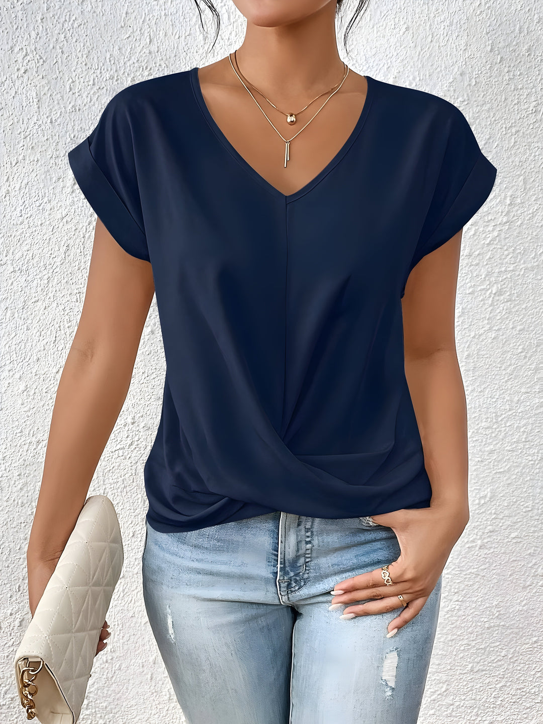 Mujer con Nudo Frontal y Escote en V Ajuste Casual