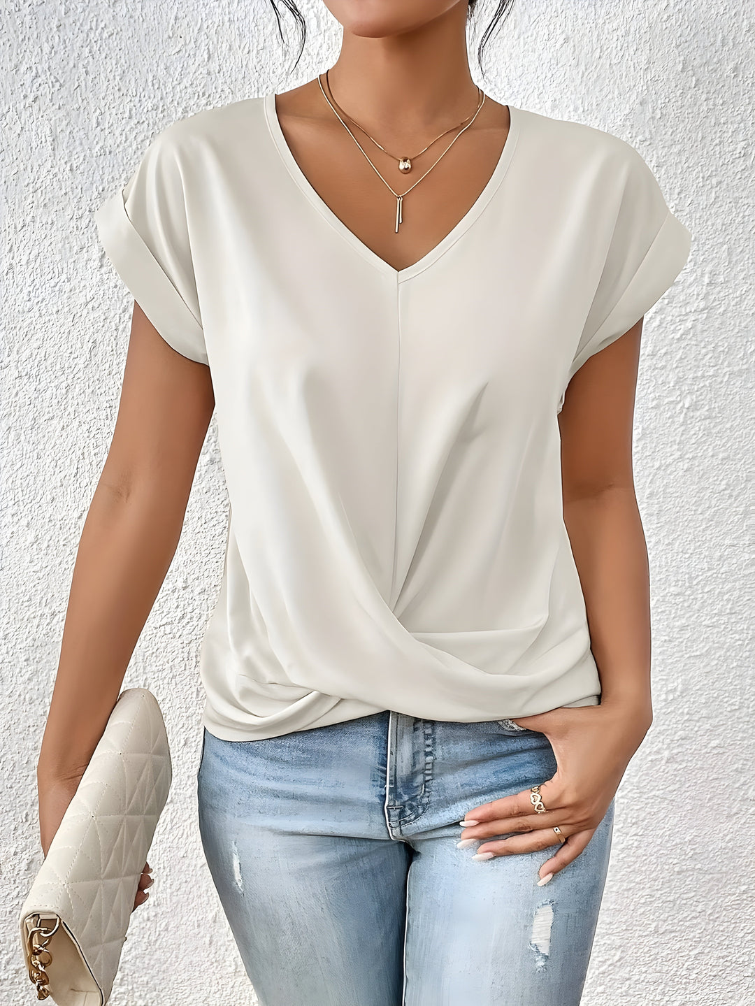 Mujer con Nudo Frontal y Escote en V Ajuste Casual
