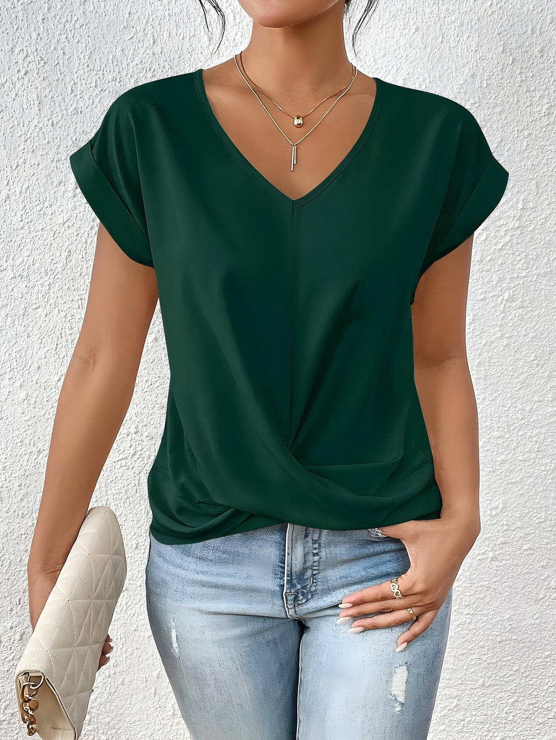Mujer con Nudo Frontal y Escote en V Ajuste Casual