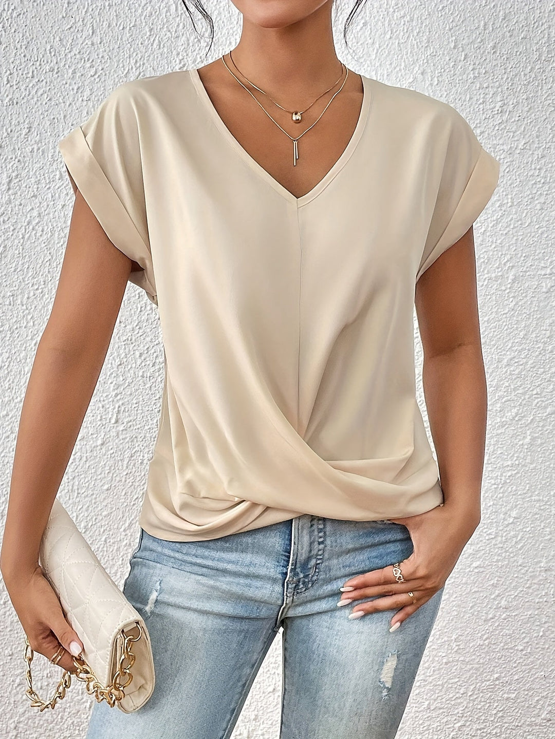 Mujer con Nudo Frontal y Escote en V Ajuste Casual