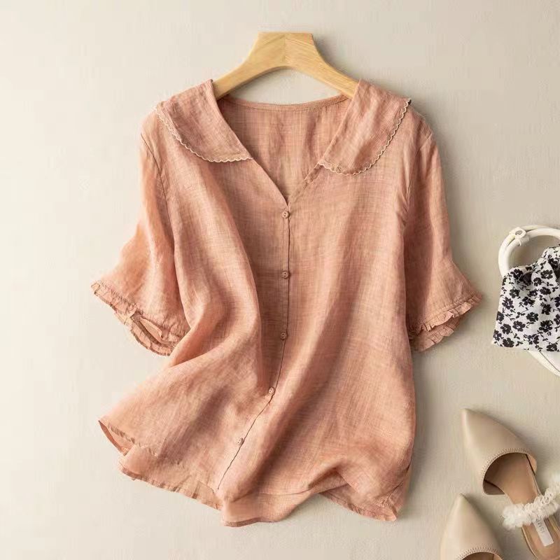Blusa Mujer de Lino Cuello Festoneado Botones Estilo Vintage