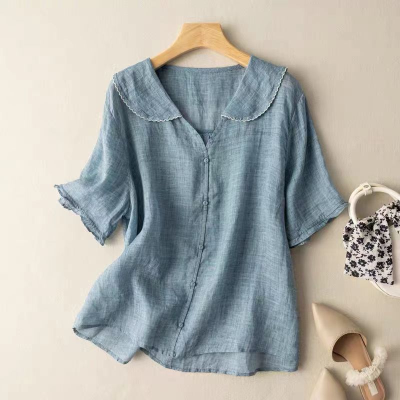 Blusa Mujer de Lino Cuello Festoneado Botones Estilo Vintage