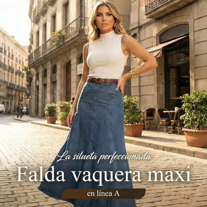 Falda Midi Mujer Vaquera Cintura Alta Corte Línea A
