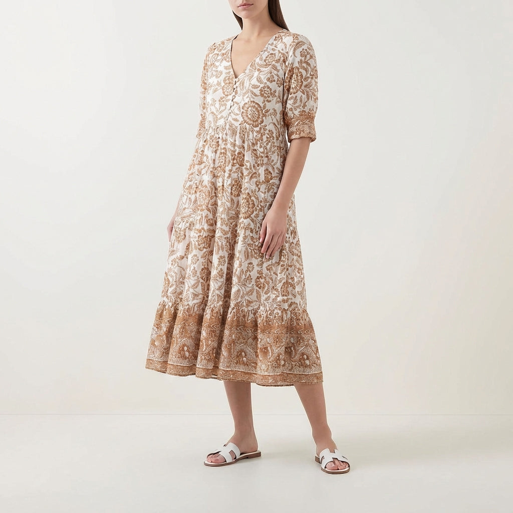 Vestido Largo Mujer Estampado Floral Escote en V Boho