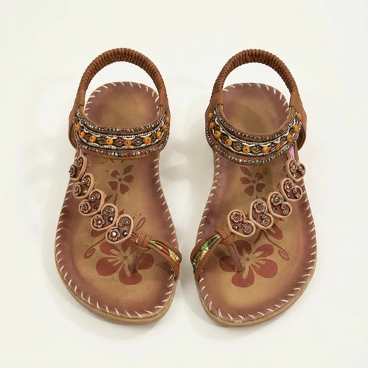 Sandalias Planas Mujer con Apliques Florales y Tiras Decorativas - Mavetta