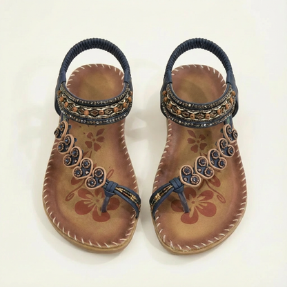 Sandalias Planas Mujer con Apliques Florales y Tiras Decorativas