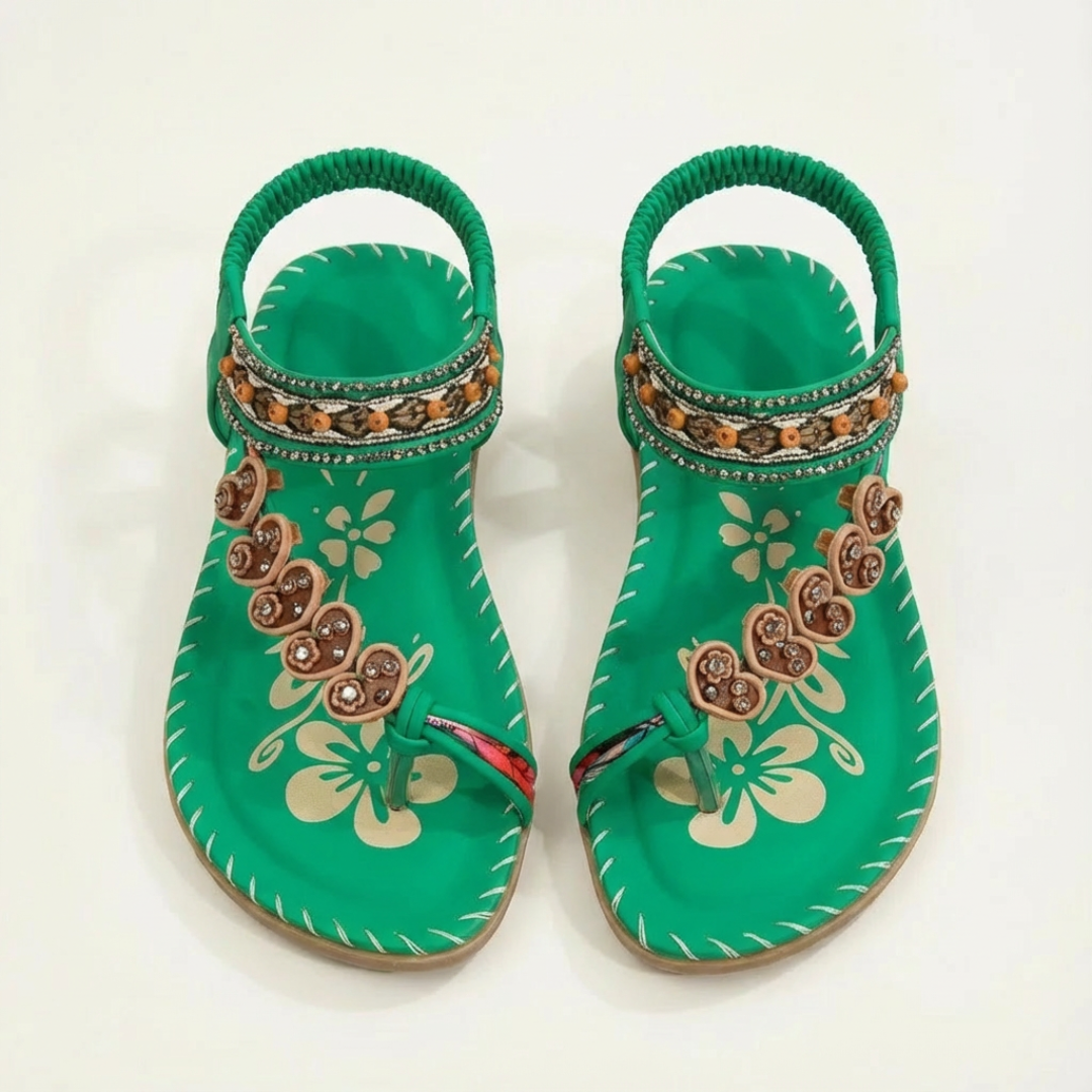 Sandalias Planas Mujer con Apliques Florales y Tiras Decorativas