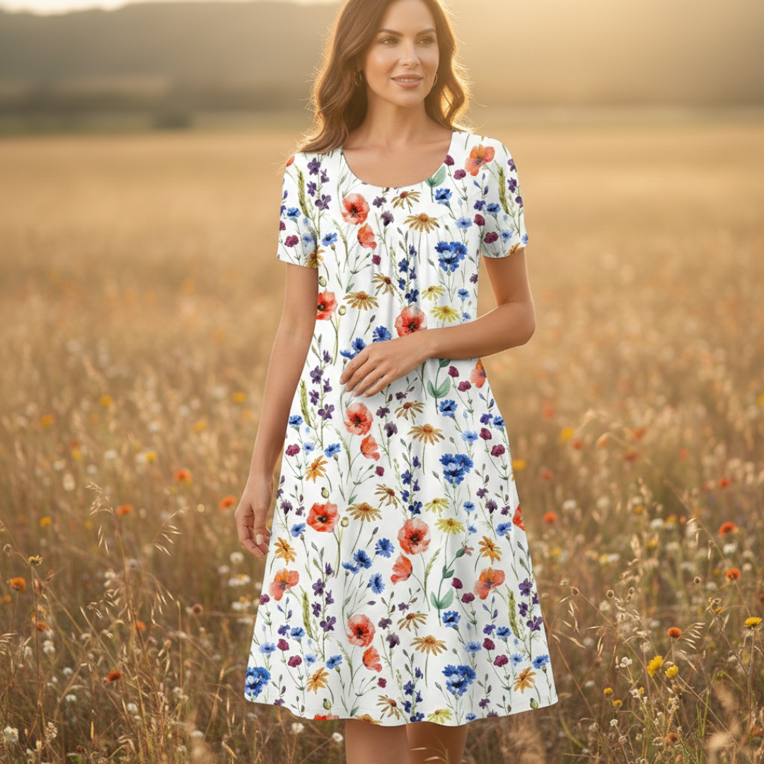 Vestido Midi Mujer Estampado Floral Manga Corta Escote Redondo