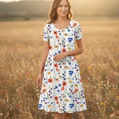 Vestido Midi Mujer Estampado Floral Manga Corta Escote Redondo