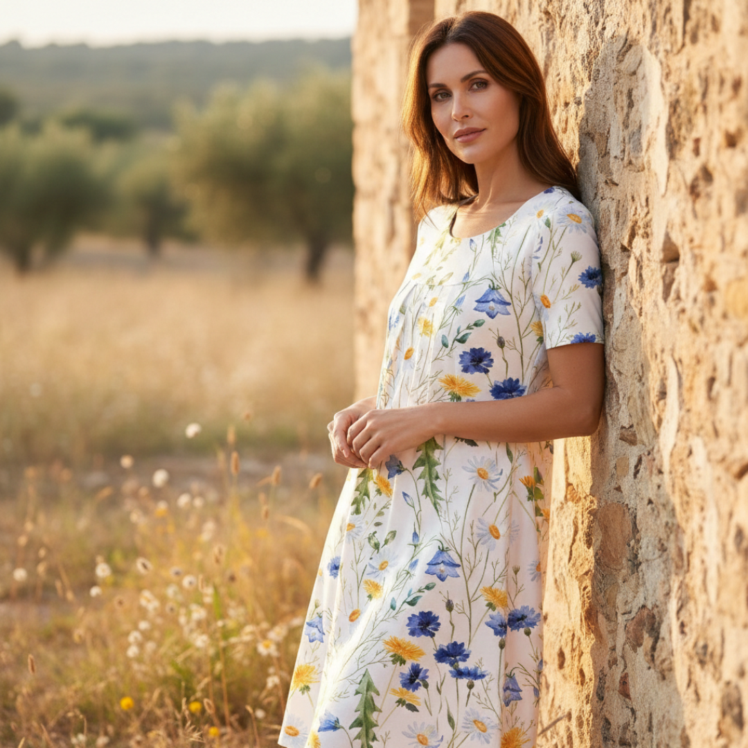 Vestido Midi Mujer Estampado Floral Manga Corta Escote Redondo