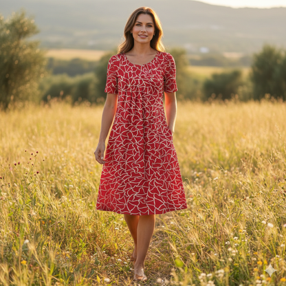 Vestido Midi Mujer Estampado Floral Manga Corta Escote Redondo