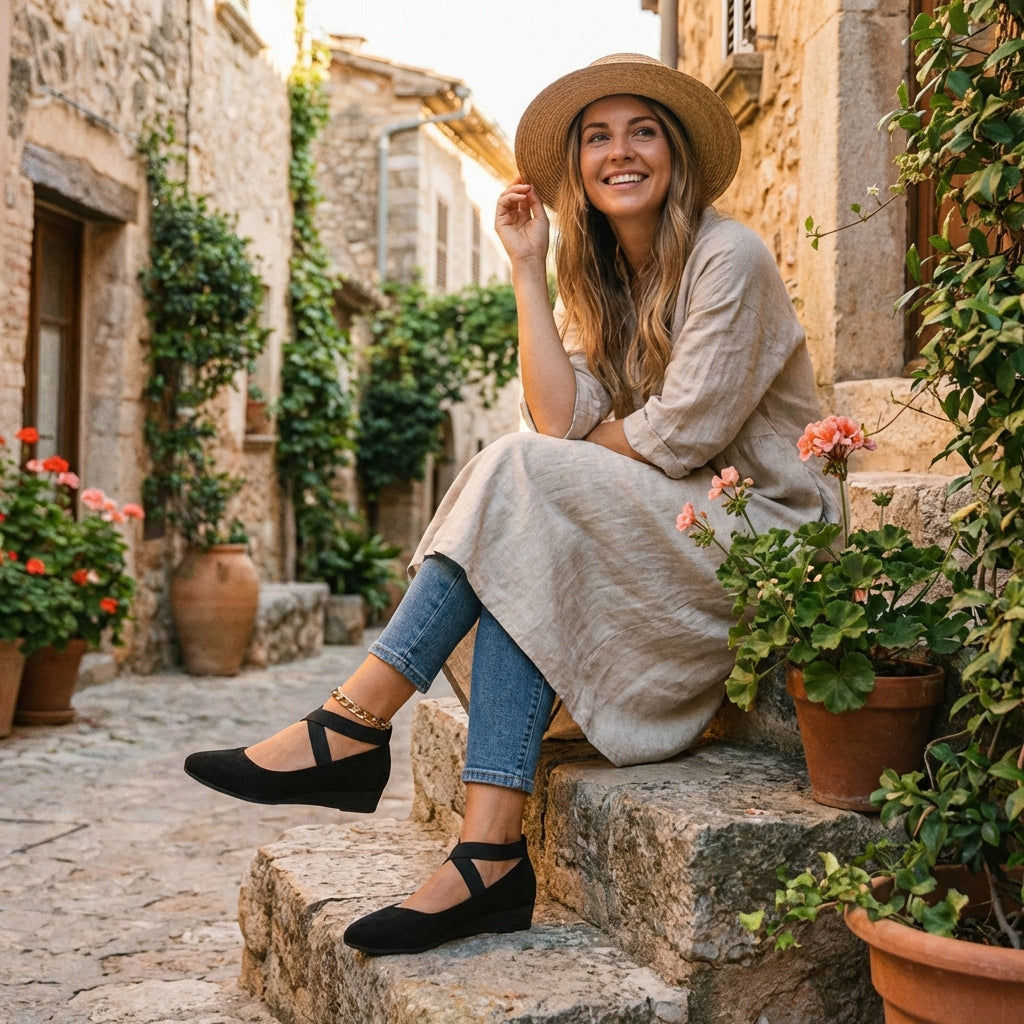 Zapatos Cuña Baja Mujer con Tiras Cruzadas