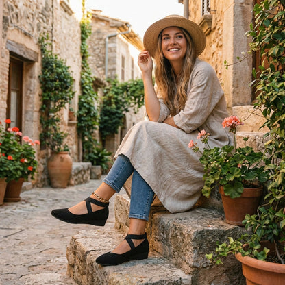 Zapatos Cuña Baja Mujer con Tiras Cruzadas