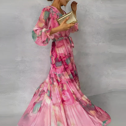 Vestido largo mujer de verano con pliegues elegante