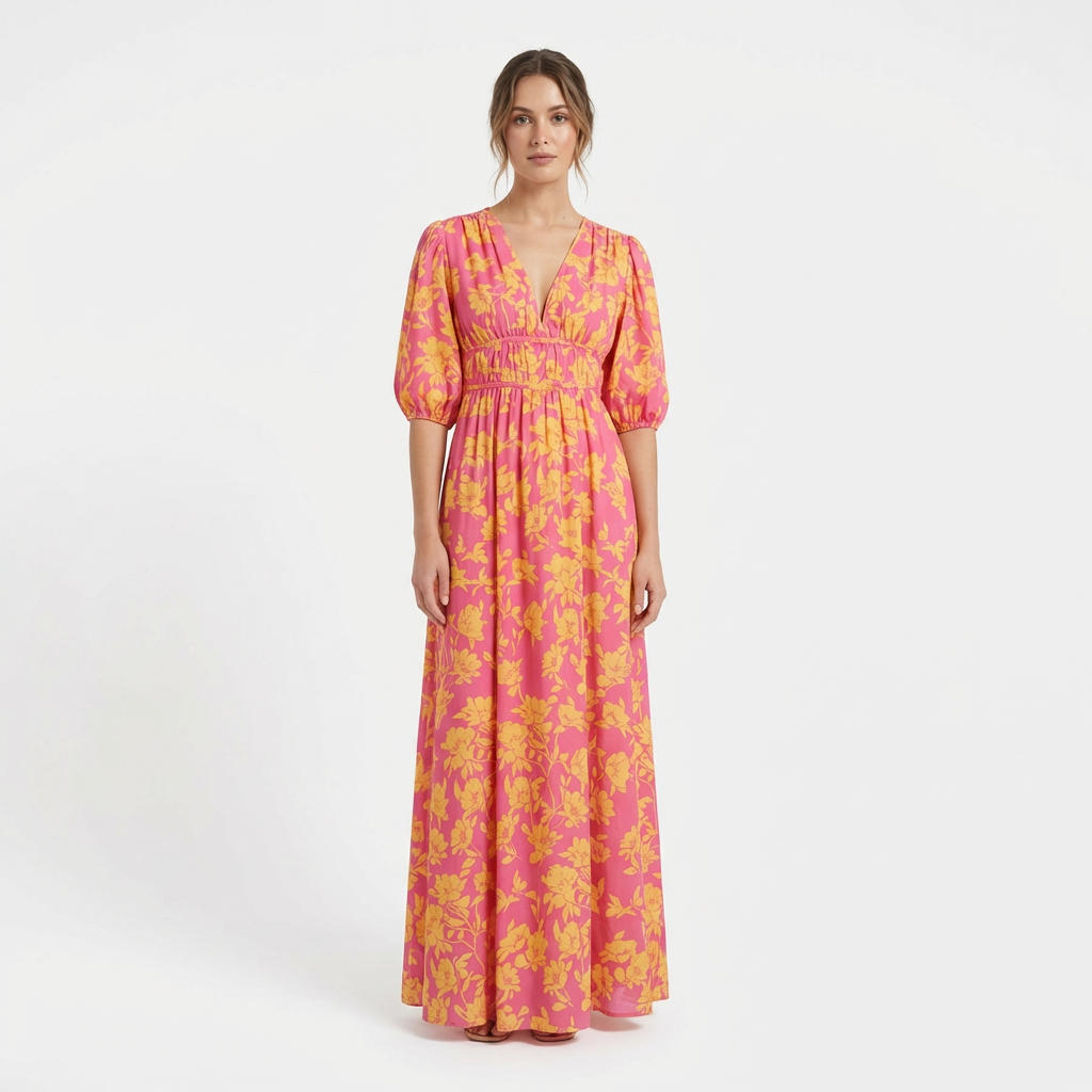 Vestido midi mujer Manga abullonada Cuello en V - Mavetta