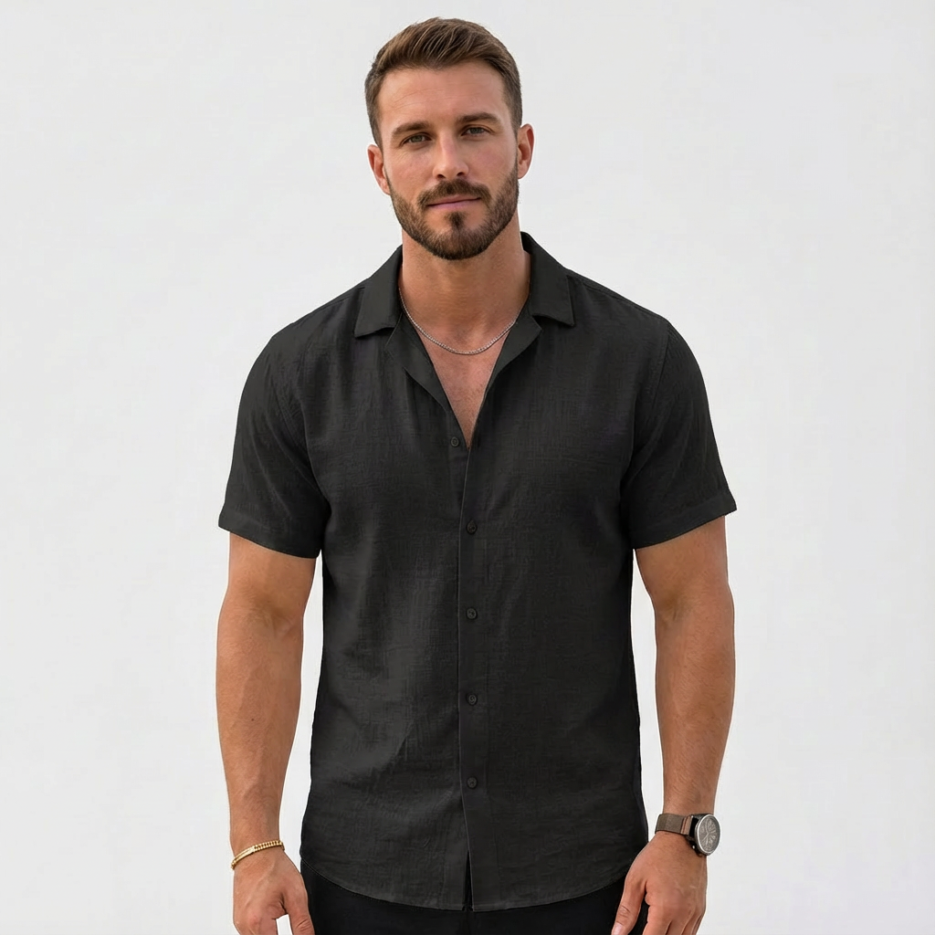 Camisa Hombre Algodón Cuello Cubano Manga Corta