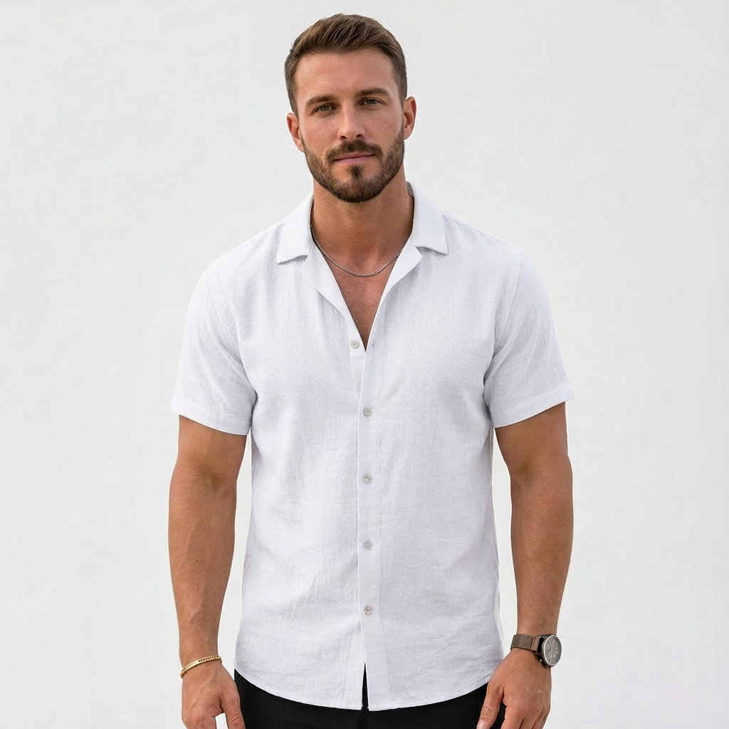 Camisa Hombre Algodón Cuello Cubano Manga Corta