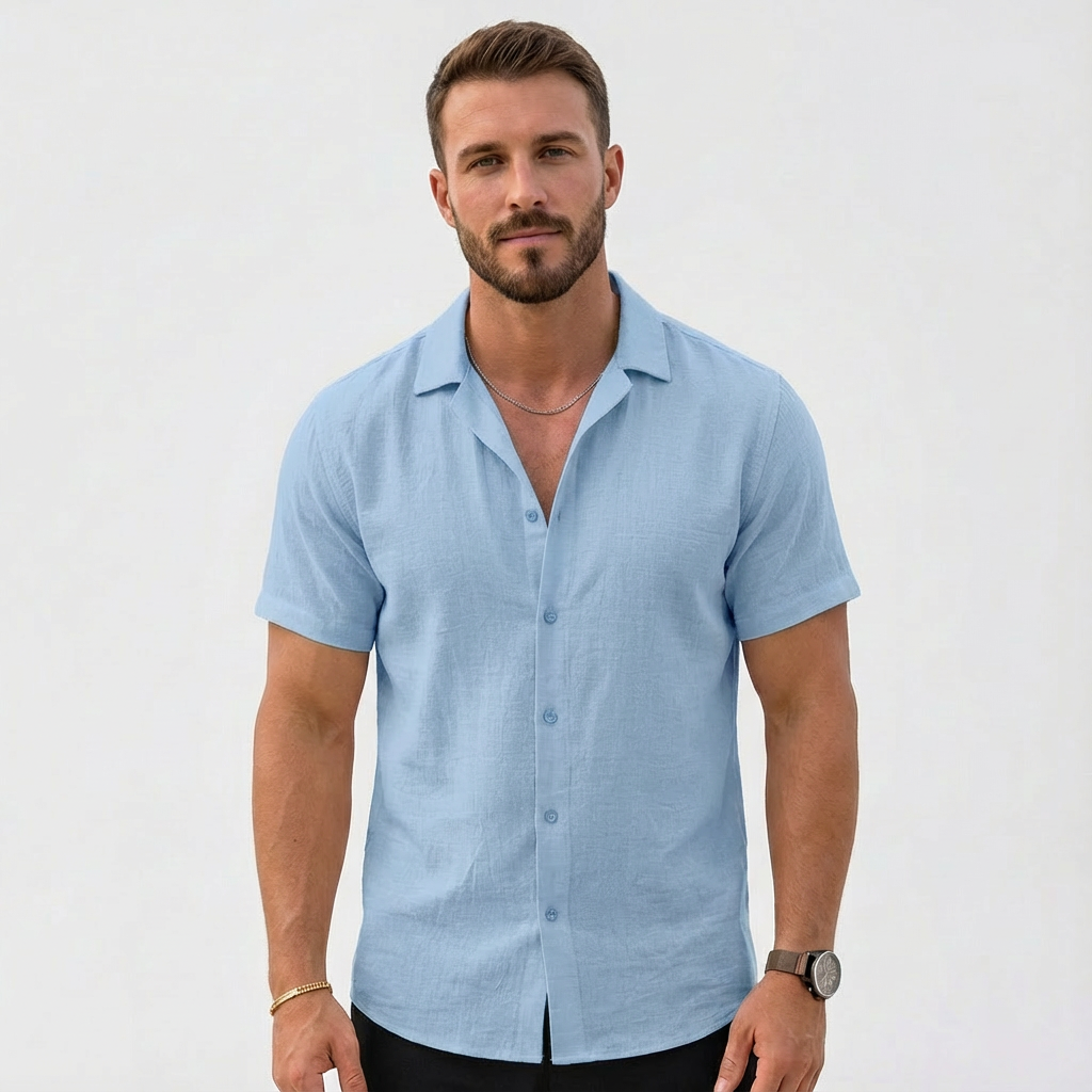 Camisa Hombre Algodón Cuello Cubano Manga Corta