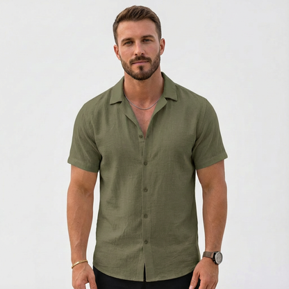 Camisa Hombre Algodón Cuello Cubano Manga Corta