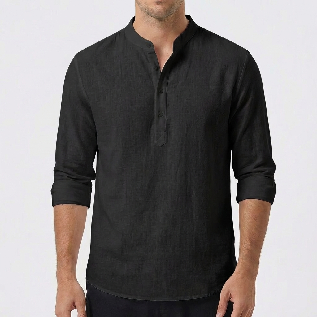 Camisa Hombre Algodón Cuello Mao Manga Larga Casual