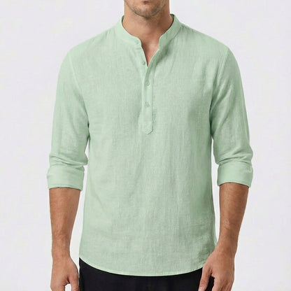 Camisa Hombre Algodón Cuello Mao Manga Larga Casual