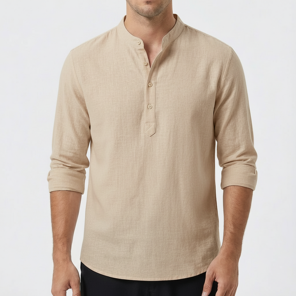 Camisa Hombre Algodón Cuello Mao Manga Larga Casual