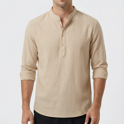 Camisa Hombre Algodón Cuello Mao Manga Larga Casual
