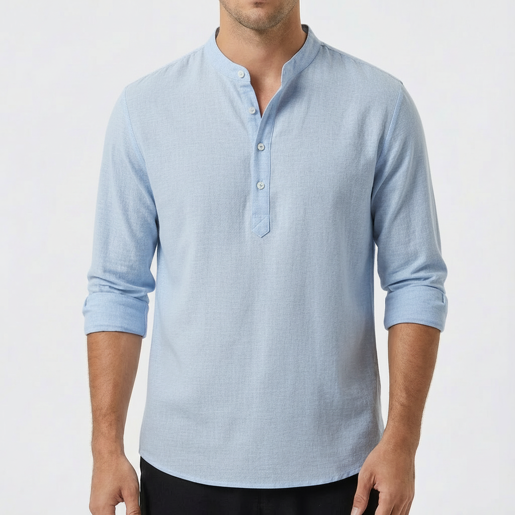 Camisa Hombre Algodón Cuello Mao Manga Larga Casual