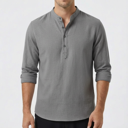Camisa Hombre Algodón Cuello Mao Manga Larga Casual